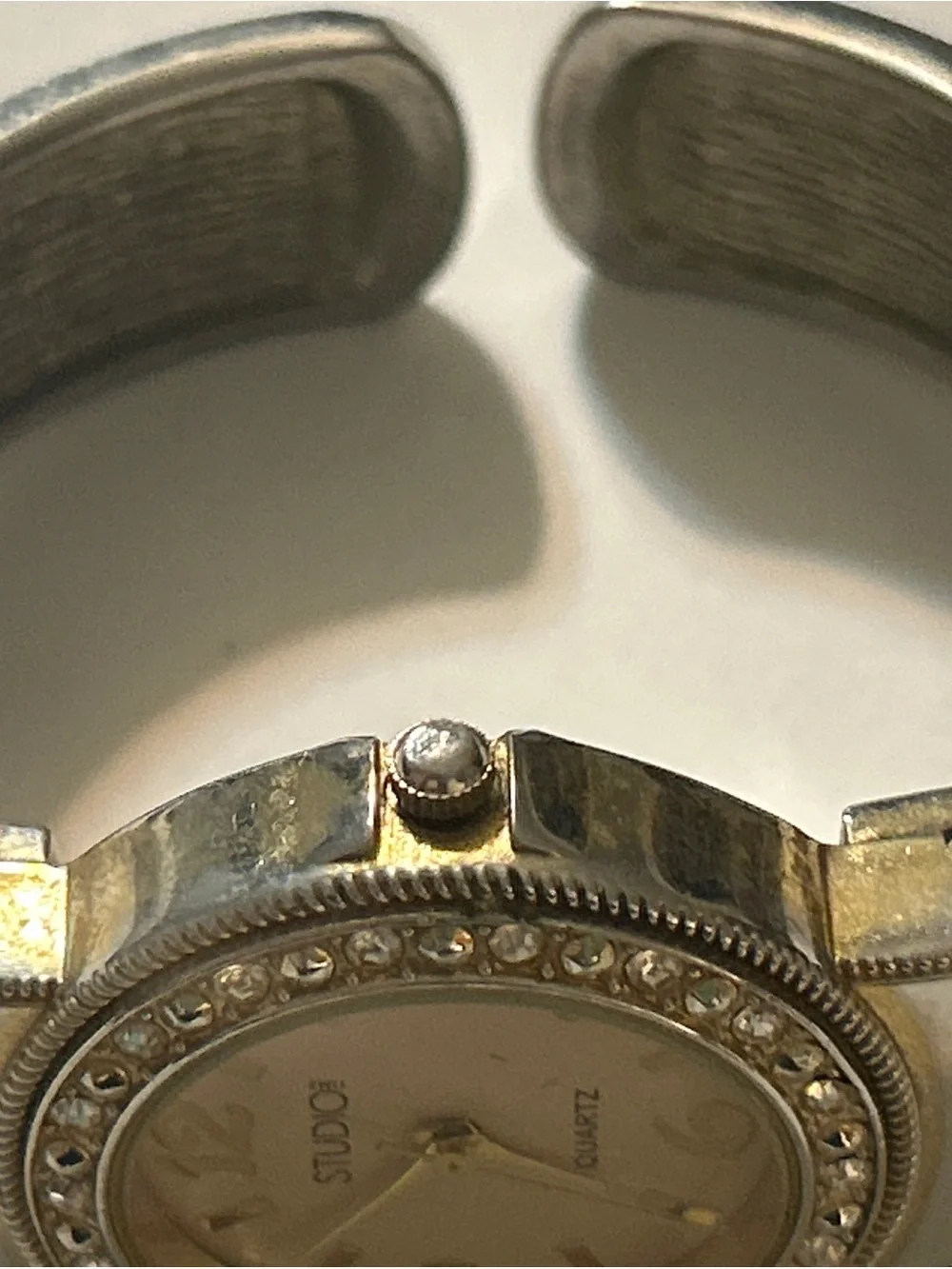 Working Studio Time Cream Enamel Rhinestone Halo Hinged Cuff Watch Y2K